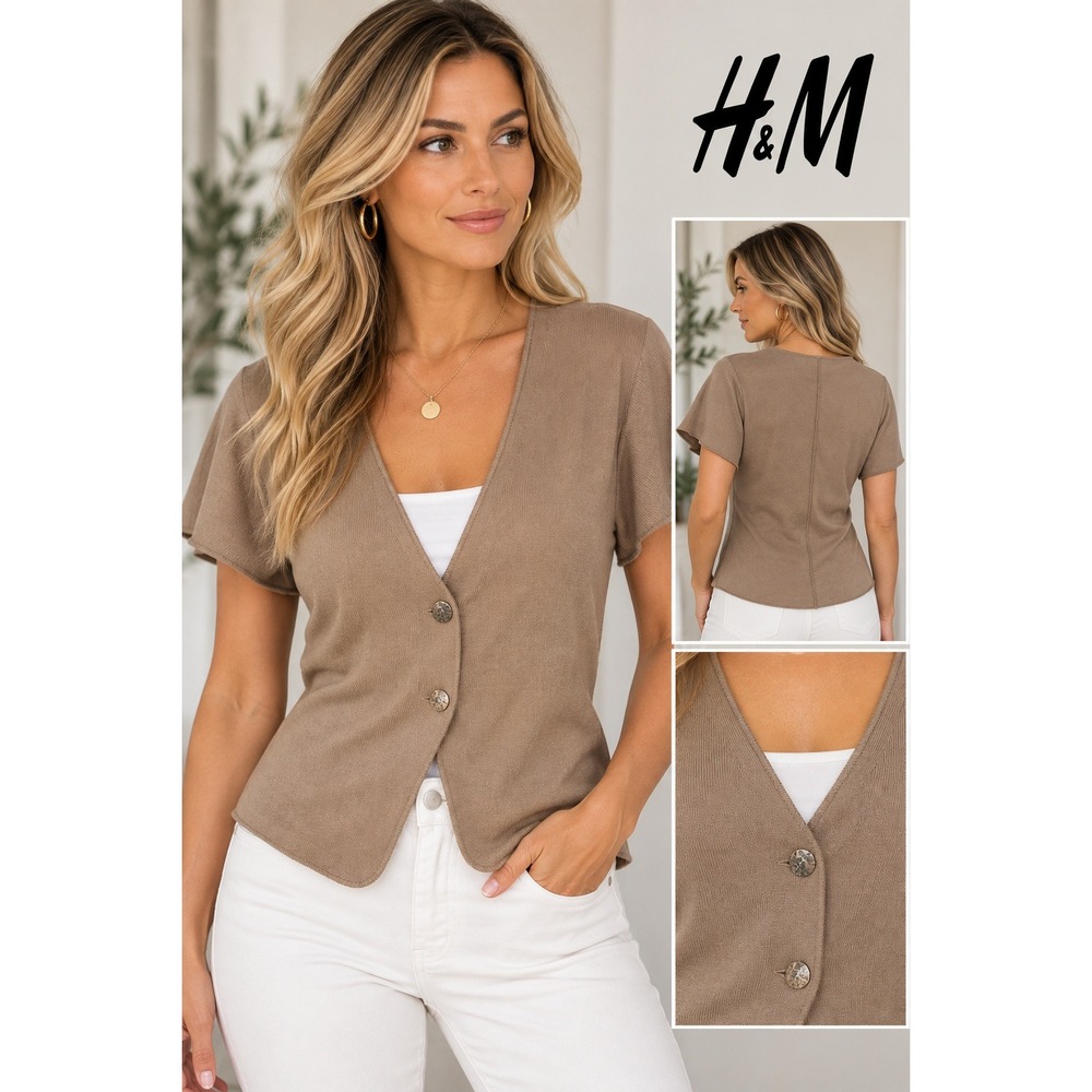 HM Women Taupe Brown Short Sleeve V-Neck Knit Cardigan Top Size S